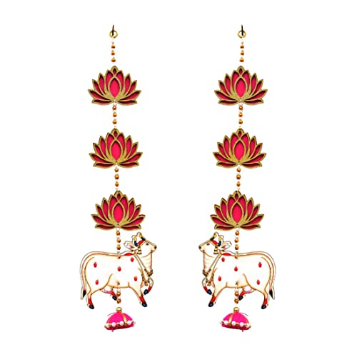 Image of CraftVatika Cow Pichwai Hanging & Golden Lotus Wall Door Decor Hanging MDF for Home, Temple, All Festival Decoration (4 Pc's)