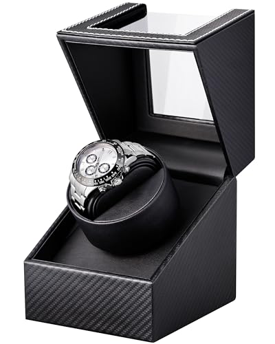 Watch Winder for Automatic Watches: Automatic Single Watch Winder Box, Rotating Watch Case in Black Carbon Fiber Leather, Watch Rotator with Japanese Quiet Motor, Battery Powered or AC Adapter