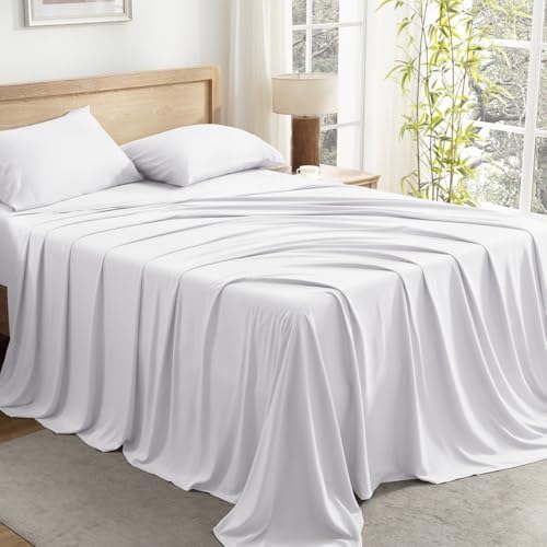 Image of Andency White King Sheets Set 100% Viscose Derived from Bamboo | Cooling Summer Sheets, Deep Pocket Up to 16 inch, Silky Soft Hotel Luxury Breathable Bedding Sheets & Pillowcases