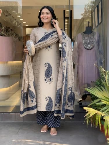 Image of Nermosa Women's Pure Viscose Block Printed Ethnic Wear Straight Kurta Set with Palazzo Pants & Dupatta | Kurta Set for Women | 3 Piece Set