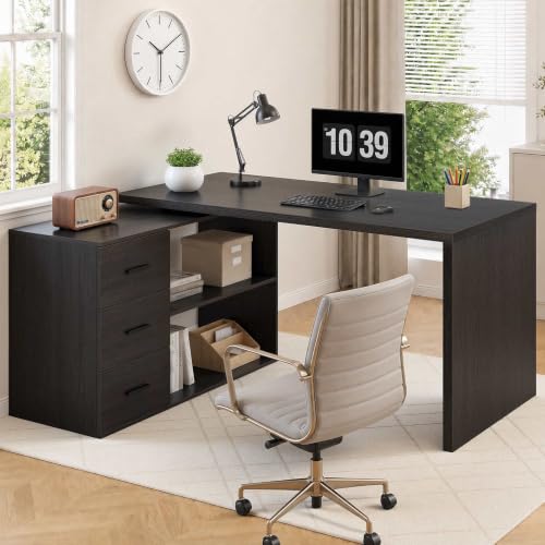 Image of HSH Dark Grey L Shaped Computer Corner Desk with 3 Storage Drawers 55 inch