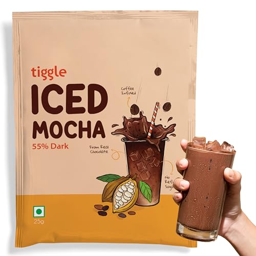 Image of Tiggle Iced Mocha Mix - 55% Dark Chocolate Flakes with Premium Coffee - Cold Mocha in 30 Sec - No Refined Sugar, Preservatives or Vegetable Oil - Rich & Chocolatey - Pack of 10 Sachets (25g Each)