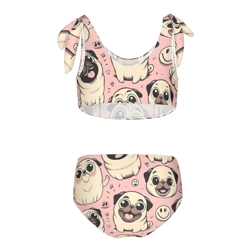 Girls' Bikini Set, Happy Pug Dog Pink Kids Swimsuit 2 Pcs Beach Bathing Suit2