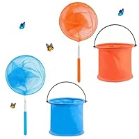 Riisoyu 2 PCS Kids Fishing Net, with Foldable Bucket Telescopic Butterfly Fishing Nets for Kids Set Telescopic Pond Net for Outdoor Ideal For Catching Insects Fishing Outdoor Garden Activities