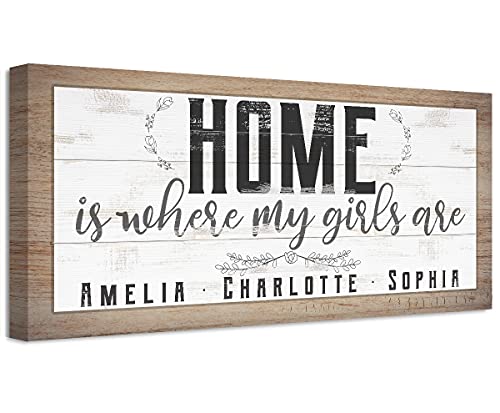 Personalized Home is Where My Girls Are - Customized Print with Names at the Bottom, Great Family Sign Wall Decor, Farmhouse Home Display, Parents Gift, Wood Style Wall Hanging Stretched Canvas Print