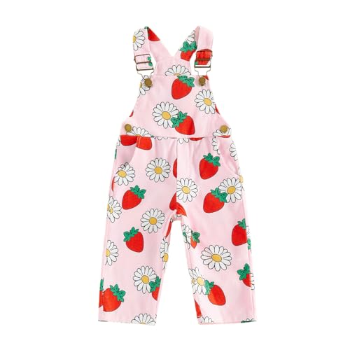 Image of Geagodelia Kids Toddler Baby Girls Corduroy Dungarees Strawberry Print Overalls Summer One Piece Outfit Clothes (Pink, 3-4 Years)