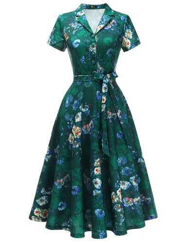 Wedtrend Women's 1950s Dress Vintage Cocktail Midi Dresses with Sleeves, Retro Theme Party Dresses WTP30001GreenFlowerL