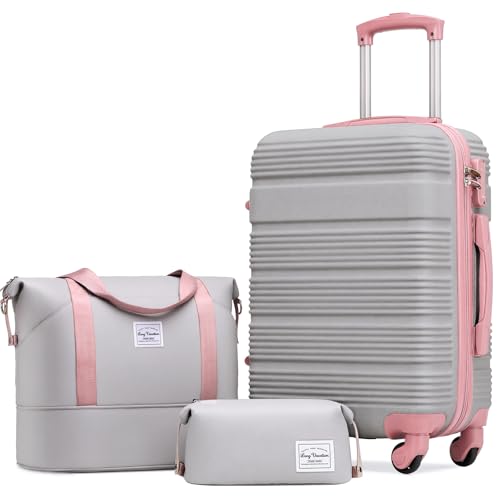 Image of LONG VACATION Luggage Sets with Spinner Wheels, Carry on Suitcase 3 Piece | Tsa Approved Carry On Luggage,ABS+PC Hardshell,YKK Zipper,Lightweight,20 In Luggage for Travel Business,Grey-Pink (20 /DB /TB)