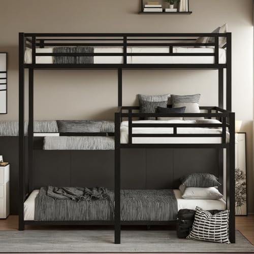Uocfyk L-Shaped Triple Bunk Bed With Built-In Ladder For 3 Kids & Teens,Metal Triple Bunk Bed W/Safety Textilene Guardrals,Space Saving Design thumb #2
