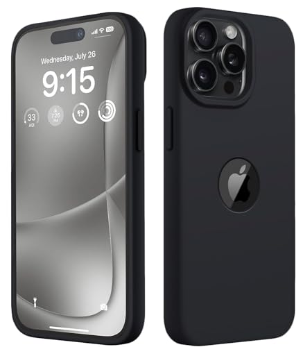 Image of VONZEE Microfiber Logo Cut Cover Compatible for iPhone 15 Pro Case Liquid Silicone Cases Non-Slip Full Body Protective Covers Shockproof Back Cover with High Raised Camera Lips (6.1 inch, Black)