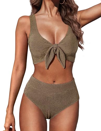 Hanna Nikole High Waisted Textured Bikini Modest Tummy Control Tie Knot Swimsuits Full Coverage...
