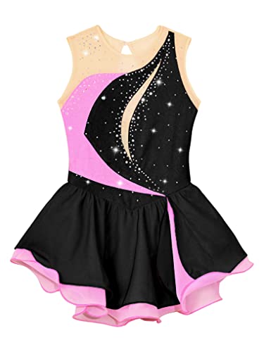 Oyolan Kids Girls Rhinestone Sleeveless Ice Skating Dress Irregular Hem Leotard Dress Figure Skating Competition Costume Black B 8 Years #TOP2