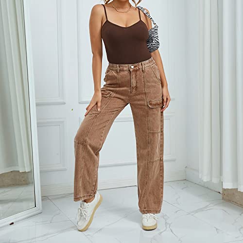 Women's High Waist Straight Wide Leg Y2K Streetwear Cargo Pants Baggy Boyfriend Loose Fit Jeans with Flag Pocket3