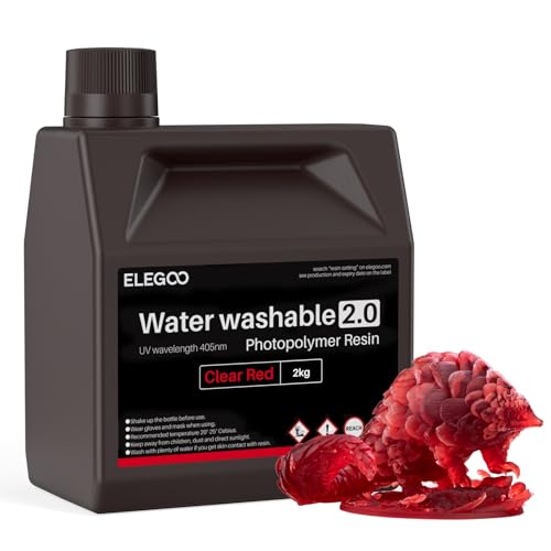 Image of ELEGOO Water Washable 3D Printer Resin 2.0, Fast Curing Photopolymer Resin for Mars Saturn Jupiter MSLA DLP LCD 3D Printing, 385-405nm UV Curing 3D Printing Liquid, Clear Red 2000g