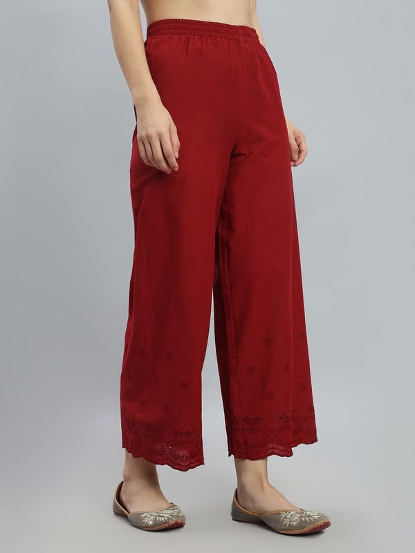 Image of GO COLORS Women Cotton Hakoba Wide Pant Ankle Length, Floral Embroidery, Relaxed Fit, Mid-Rise with Side Pocket