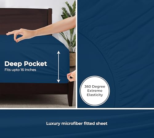 Image of Royale Linens Fitted Sheet King - Ultra Soft 1800 Brushed Microfiber - Hotel Luxury Bottom Sheets - Wrinkle Free & Fade Resistant - Deep Pocket Fitted Sheet Only (King, Navy)