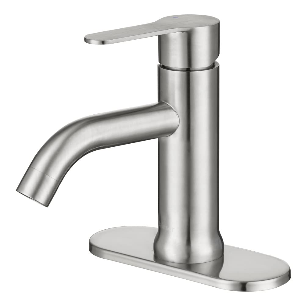 Bainser Bathroom Sink Faucet Stainless Steel Single Handle Vanity Faucets with Deck Plate for 1 or 3 Holes, Washbasin Mixer with Removable Aerator Spout, Brushed Nickel