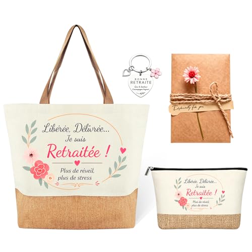 AHEZQILU Cadeau Retraite Femme 4 Pièces, Sac Retraitée avec Trousse Cosmétique Porte Clé et Carte de Vœux, Cadeau Retraite Original Femme, Idée Cadeaux...