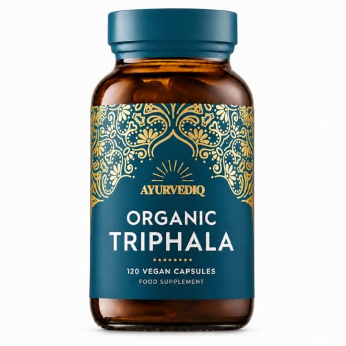 Ayurvediq Wellness Organic Triphala Capsules 120 500mg Natural Pure Triphala Powder Organic Capsules for Immunity Digestion Wellbeing Soil Association Certified - Vegan Ayurveda Supplements