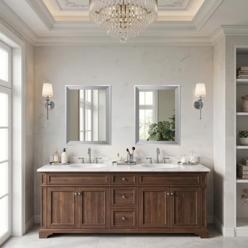 Image of DESBING 18 inchx24 inch Silver Bathroom Mirrors for Over Sink, Tempered Glass, Metal Frame, Rectangle Vanity Wall Mirror for Bathroom, Living Room, Bedroom, Horizontally or Vertically