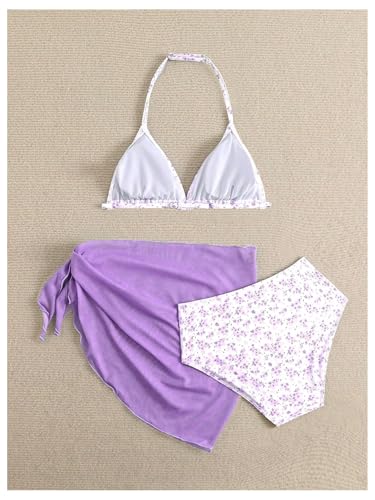 Image of Milumia Girl's 3 Piece Bikni Set Ditsy Floral Halter Swimsuit with Cover Up Skirts