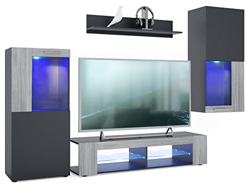 Vladon Wohnwand Movie, Anbauwand bestehend aus 1 TV-Board, 2 Vitrinen und 1 Regal, Schwarz matt/Schwarz matt/Avola-Anthrazit, inkl. LED-Beleuchtung blau (Gesamt: 300 x 190 x 39 cm) – Bild 3
