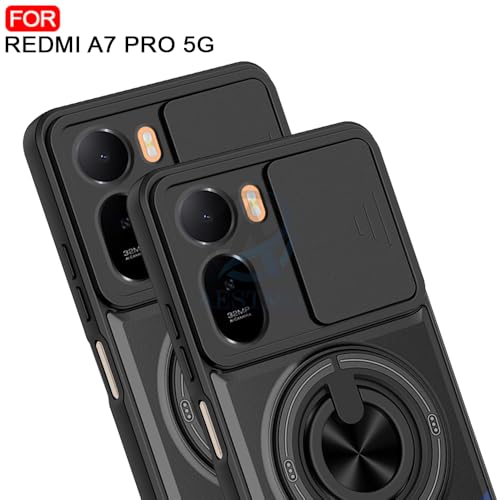 Image of AESTMO Redmi A7 Pro 5G Back Cover | Armor Camera Slider 360 Degree Rotating Finger Ring Holder Case with Bracket Stand Back Case Cover (Compatible with MagSafe Accessories) (Black)