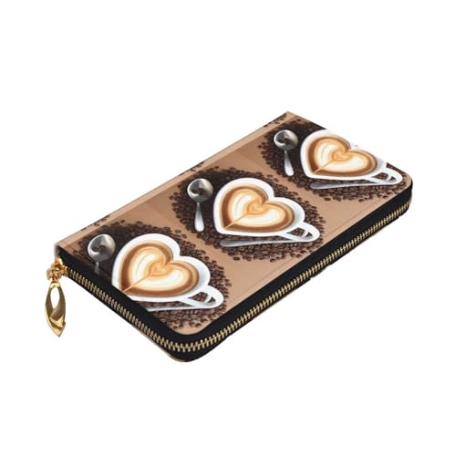 Coffee with Heart Pattern Picture Leather Long Clutch Wallet for Fashionable Girls and Women - Durable, Stylish, and Functional, Black, One Size3