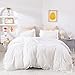 Wellboo White Queen Comforter Sets Solid White Ruffle Bedding Comforters Women Girls White Farmhouse Shabby Chic Comforter Plain White Boho Bed Vintage Rustic Soft Bedding All White Lace Ruffled Bed