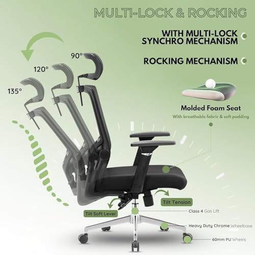 Image of Rocknova Ergonomic Office Chair for Work | 4 Year Warranty | Multi-Lock Auto-Adapt Recline | 3D Armrest | Adjustable Lumbar (D82 Black)
