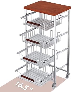 5-Tier Rolling Fruit & Vegetable Storage Cart with Drawers, Extra-Thick Metal Kitchen Organizer Cart on Wheels, Fruit Basket Stand& Fruteros para Cocina, Narrow Pantry Cart for Storage