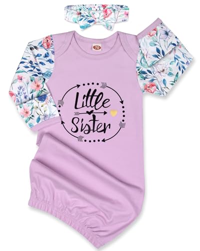 Image of Mikccer Baby Knotted Gown Newborn 0-6 Months, Super Soft Breathable Baby Sleeper Gowns, Babies Girls Little Sister Nightgowns Coming Home Outfit Infant with Headband Set Purple