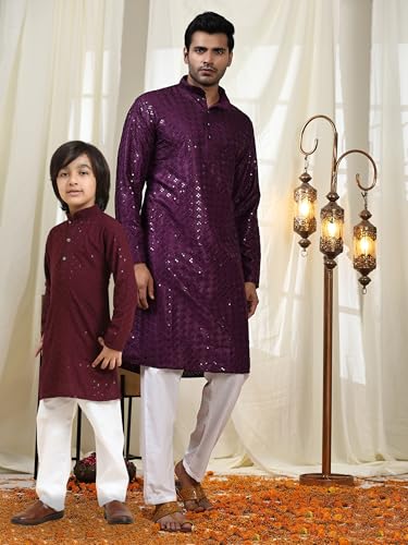 Image of Pro-Ethic Style Developer Men Silk Striped Father Son Matching Ethnic Wear Embroidery Mirror Work Kurta Pyjama Set |(Combo)B-117