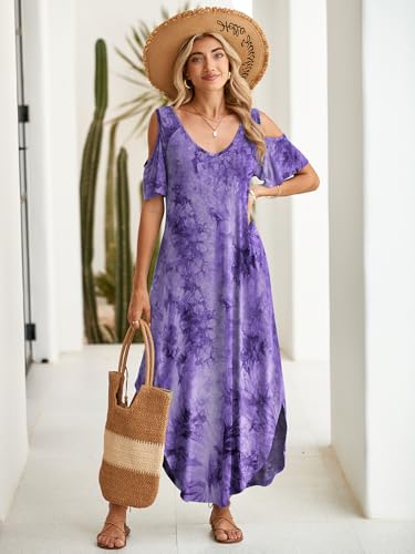 Image of BELAROI Womens Cold Shoulder Maxi Dress Plus Size V Neck Summer Sundresses with Pockets Beach Coverup Vacation Outfits