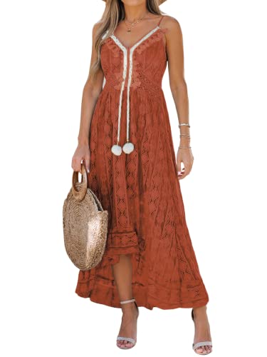 Image of CUPSHE Womens Lace Summer Maxi Dresses 2026 Beach Wear | V Neck Spaghetti Straps Sundress, Tassel, Boho Pom Poms, Flowy Vacation Outfits, Resort Wear, Graduation Wedding Guest Looks