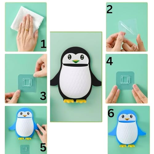 Image of Penguin Shaped Wall Mounted Holder, Self Adhesive Storage Organizer for Bathroom, Toothbrush and Brush Stand,Multipurpose Plastic Bathroom Accessory (Pack of 1)