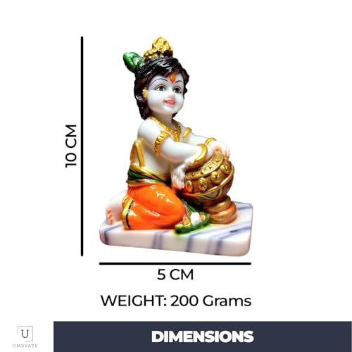 Image of UNOVATE Krishna Makhan Chor Statue Figurine Showpiece for Home Temple, Living Room & Pooja Decor | Lord Krishna Idol Showpiece for Housewarming Gift for Janmashtmi (White Marble Finish)