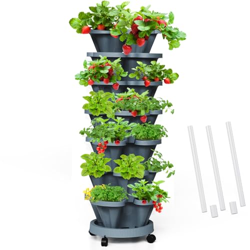 Tectsia Strawberry Vertical Planters Tower Garden, 7 Tiered Stacking Herb Vegetable Planter with Support Pole Indoor and Outdoor - Dark Grey