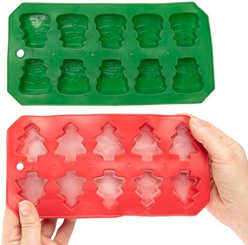 Holiday Helpers (2 Pack) Holiday Kitchen Silicone Ice Cube Trays Green Snowmen & Red Christmas Trees
