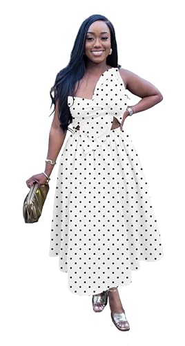 Image of YUEWOO Midi Dresses for Women Casual Summer Sundresses Vacation Outfits Spaghetti Strap Smocked Women Maxi Dress with Pockets