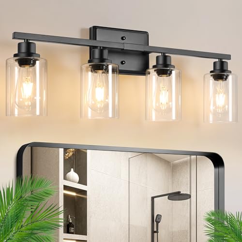 Image of Ascher Bathroom Light Fixtures, 4-Light Vanity Lights with Clear Glass Shade, Modern Black Finish Wall Light for Mirror Bedroom Hallway Cabinet Porch