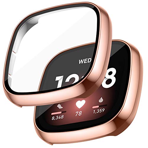 Nanw Screen Protector Case Compatible With Fitbit Sense/Versa 3, Built-In 9H Tempered Glass Screen Protector Ultra-Thin All-Around Full Cover Bumper For Versa 3 Smart Watch, Rose Gold #TOP5