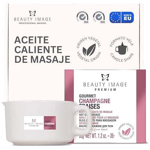 BEAUTY IMAGE Vela de Masaje - Con Extractos de Champán y Fresas - Gourmet. De 2 a 3 Masajes de Cuerpo Entero. Aceite Caliente para Masaje Profesional. Calidad Hecho en Europa. Masaje Sensual.