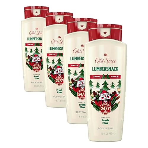 Image of Old Spice Body Wash for Men, Holidudes Holiday Edition, 24 /7 Holiday Freshness, Lasting Scent and Rich Lather, Stocking Stuffer, Lumbersnack with Fresh Pine Scent, 16 oz (Pack of 4)