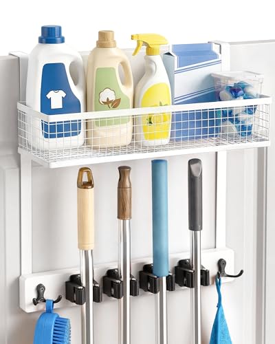 Lorbro Over the Door Broom and Mop Holder with Basket 4 Grips and 4 Hooks