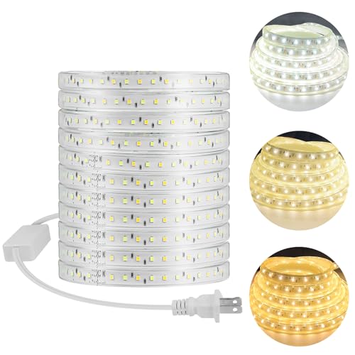 LED Strip Lights 20M - Dimmable High Brightness 220V AC,3000 Lumen,IP65 Waterproof, 3000K/6500K Color Temperature with 3 Colors, Cuttable String Light for Bedroom,Kitchen and Outdoor Decoration