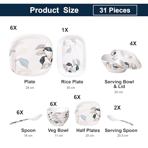 Image of Golden Fish 31 Pcs Complete Dinner Set for 6 with Rice Plate | 6 Full Plates, 6 Quarter Plates, 6 Veg Bowls, 2 Donga with Lid, 2 Serving Spoons & 6 Eating Spoons | Full Meal Serving Combo