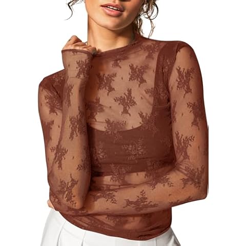KTILG Womens Lace Long Sleeve Going Out Tops Slim Fit High Neck Seamless Tshirt 2024 Casual Blouse Streetwear Brown S Cover