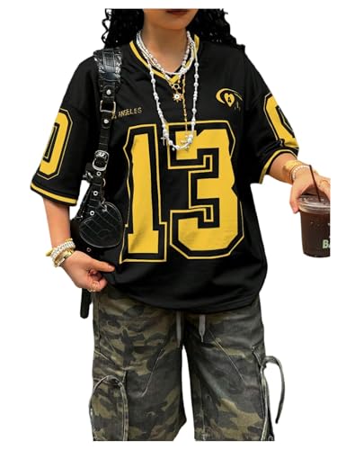 SOLY HUX Jersey Shirts for Women Number Graphic Print V Neck Baggy Tees Hip Hop Streetwear