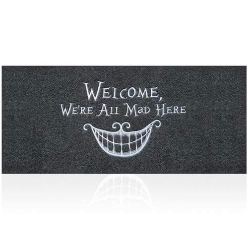 Funny Doormat for Outside Entry Welcome We're All Mad Here Doormats,Heavy Duty Low Profile Non Slip Durable Front Welcome Mat Doormat for Home Entrance